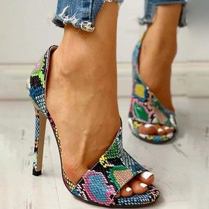 Honeeladyy Open-toed Snake Print Sz 40 Us 8.5 Roman Neon Side Hallow 4.5" Heels